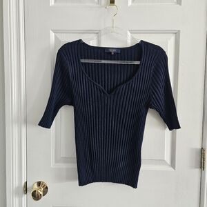 NWOT Rachel Zoe Stretch Ribbed Knit Navy V-Neck Top